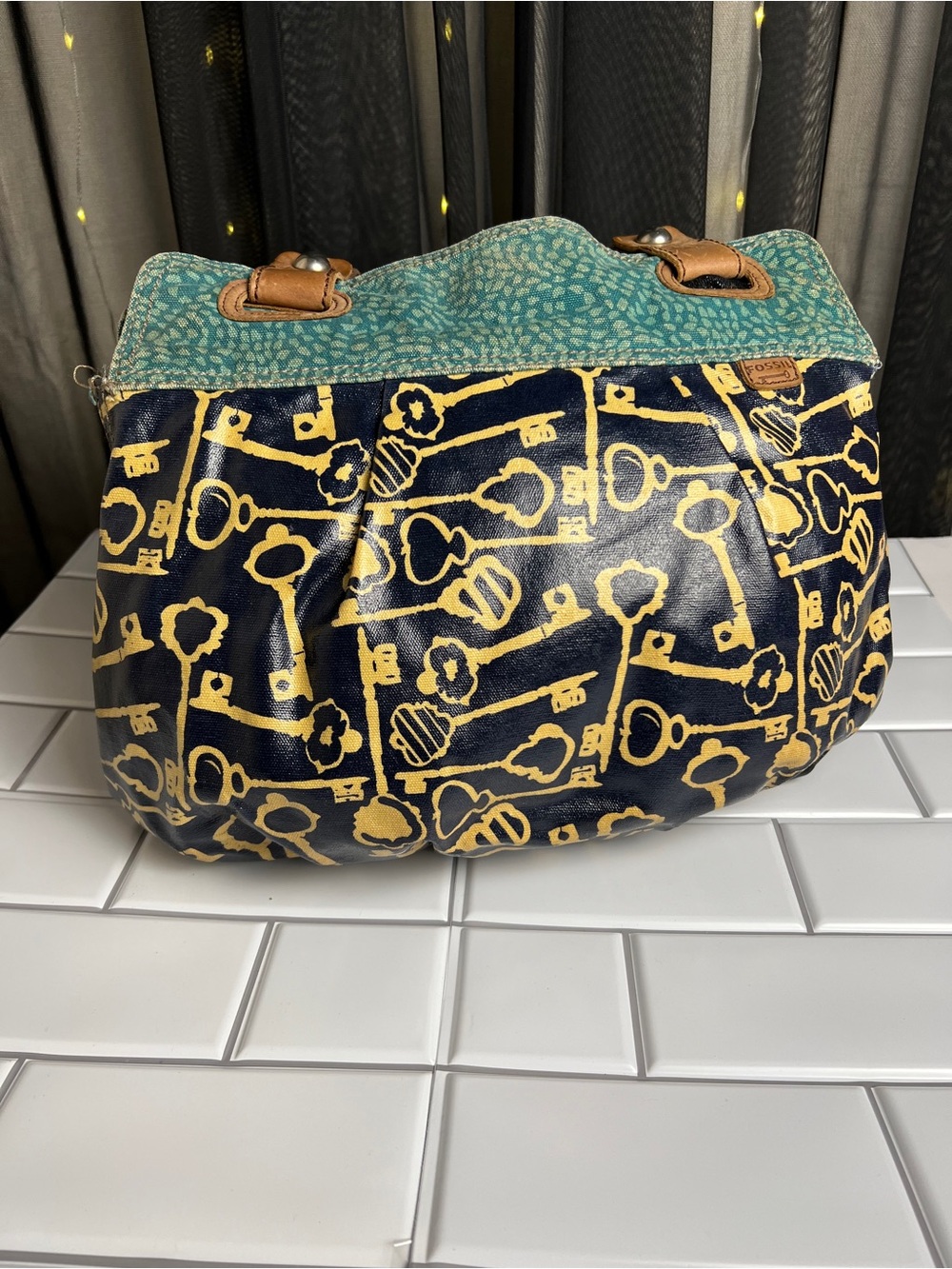 Fossil Keyper Purse with Key Print and Teal Top Panel
